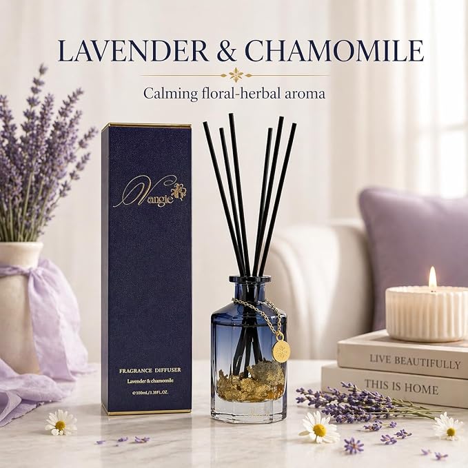 VANGIE Luxury Reed Diffuser for Home | Lavender & Chamomile Calming Scent | Floating Gold Leaf Glass Bottle | Long-Lasting Aroma | Vegan | Bedroom, Bathroom & Relaxing Spaces