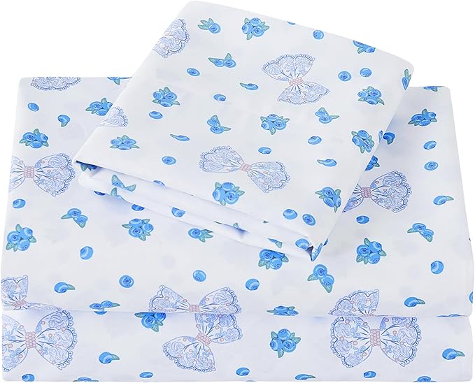 Viviland 3 Pieces Girls Blueberry Twin Sheet Set - Soft Microfiber Fitted Flat Sheets & Pillowcase - Blue Bow Blueberry Bedding Sets - for Kids & Toddlers