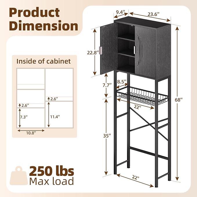 Kalrin Over The Toilet Storage Cabinet with Fluted Wave Doors and Adjustable Shelf, Wood Over Toilet Storage Rack with Drain Basket, Freestanding Bathroom Organizer for Balcony Laundry, Pure Black