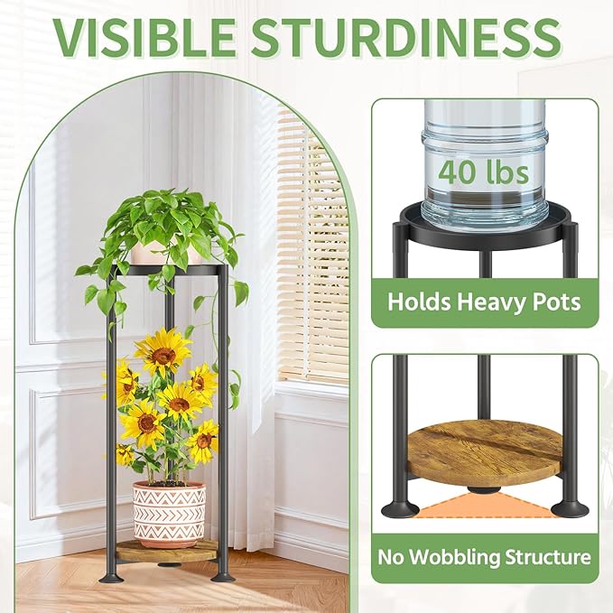 KMOTASUO 2 Tier Black Plant Stand Indoor for Large Tall Heavy Duty Planter, Multiple Sturdy Metal Flower Corner Rack for Narrow House Floor, Iron Vertical Level Round Orchi Holder Organizer, Modern
