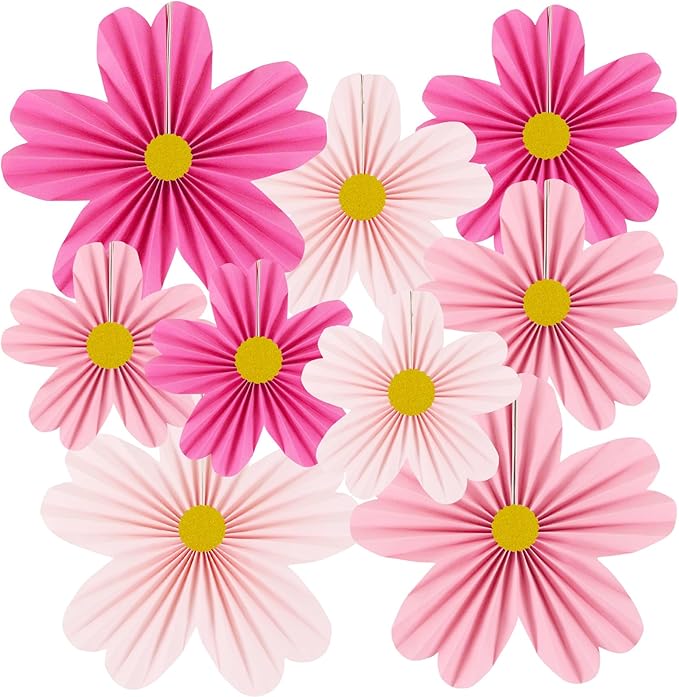 YUNXUAN Pink Party Decorations Paper Fan Paper Flowers Decorations for Wall Flower Backdrop Classroom Baby Shower Birthday Flower Wall Decor Pack of 9 Pink