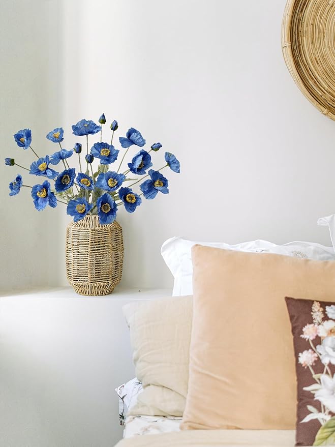6PCS Dark Blue Faux Poppies Artificial Poppy Flowers with Realistic Silk Long Stems for Table Office Centerpiece Outdoor Indoor Cemetery
