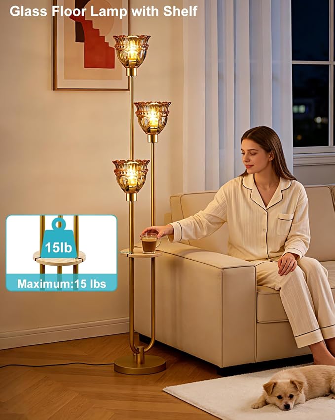 Lightdot Glass Floor Lamp for Living Room Mid Century Modern Gold Floor Lamp with Amber Glass Shade 3000K Bulbs Included Tall Standing Lamp with 5Lbs Heavy Base for Bedroom/Sofa Beside/Corner Decor