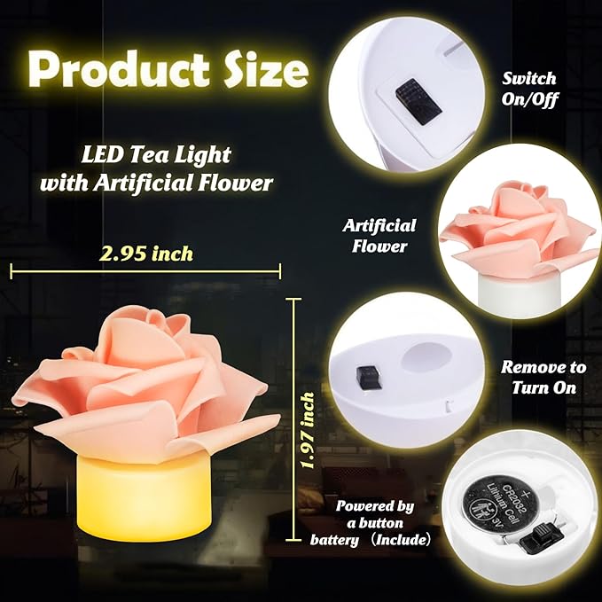 12 Pack Led Candles with Artificial Flowers, 200+Hour Battery Operated Tea Lights Candles for Centerpiece Table, Party, Wedding Decorations (Pink)