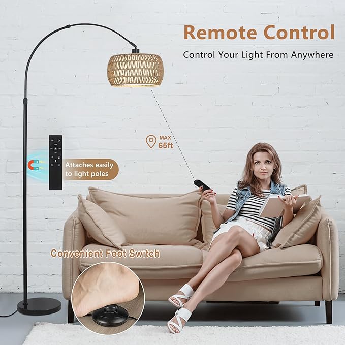 Arc Floor Lamps for Living Room with 3 Color Temperatures, Black Standing Lamp with Remote & Dimmable LED Bulb, Rattan Boho Floor Lamp, Farmhouse Tall Lamp for Bedroom, Over Couch Arched Reading Light