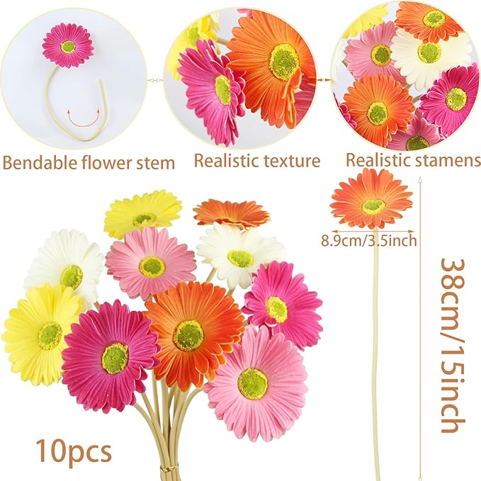 10 Pcs Artificial Gerbera Daisies Flowers Artificial Daisy Bouquet Fake Daisy Stems Faux Flowers Bulk Artificial Flowers Wildflowers Silk Flowers for Wedding Bridal Bouquet Party Home Kitchen