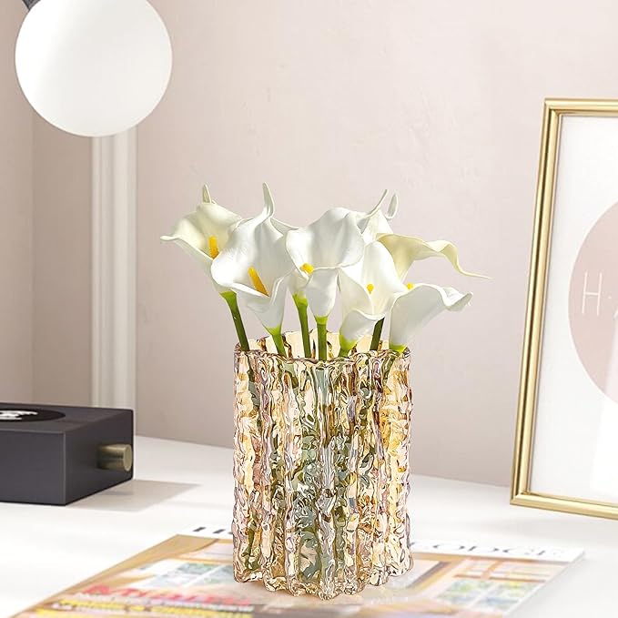 Aoderun Glass Vase Crystal Vase Heavy Duty Large Flower Vase for Dining Table Kitchen Office Home Shelf Wedding Living Room Centerpieces(Amber)