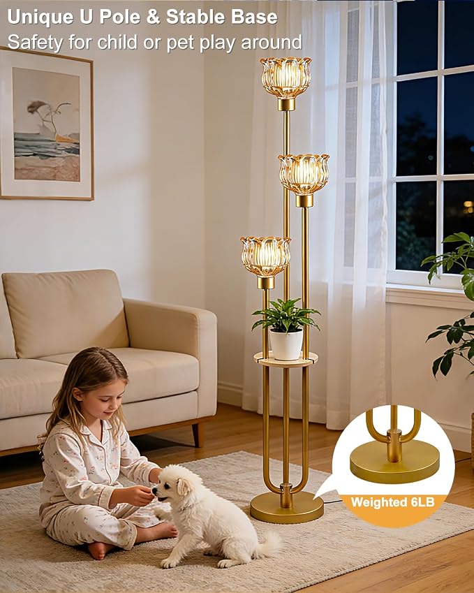 Lightdot Glass Floor Lamp for Living Room 3-Lights Modern Gold Floor Lamp with Amber Glass Shade 3000K Bulbs Included Unique Tall Standing Lamp with 5Lb Heavy Base for Bedroom/Sofa Beside/Corner Decor