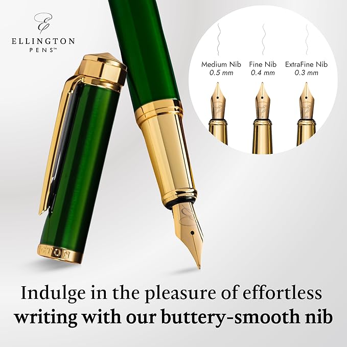 Ellington Pens Luxury Fountain Pen Set - Smooth Medium Nib - Includes 3 Ink Cartridges, Refillable Ink Converter, Box - Fountain Pens For Writing, Calligraphy, Journaling, Sketching (Emerald Enigma)