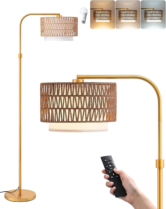 EDISHINE Rattan Floor Lamp for Living Room with Remote & Dimmable LED Bulb,63'' Mid Century Rattan Fabric Shade Standing Lamp with 5 Color Temperature, Farmhouse Boho Standing Lamp for Bedroom Office
