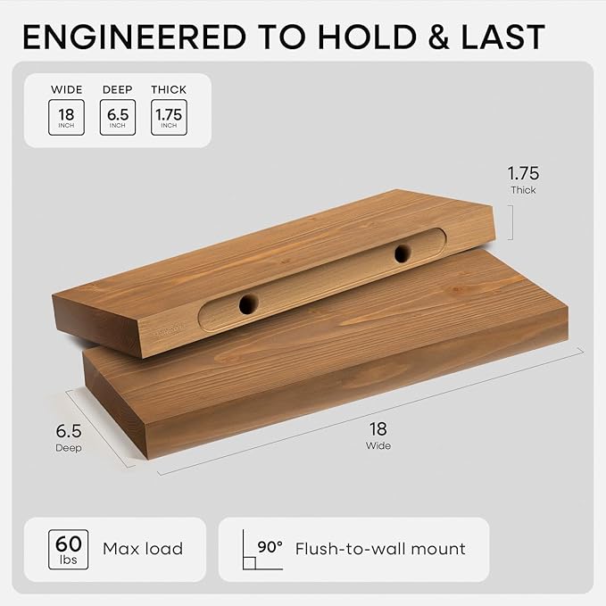 Homeforia 18 inch Golden Oak Floating Shelf, High End Solid Real Wood 18inch Small Floating Shelves for Wall Mounted, Oak Wooden 18in Floating Shelves, Heavy Duty Bracket, 18 X 6.5 X 1.75 in, Set of 3