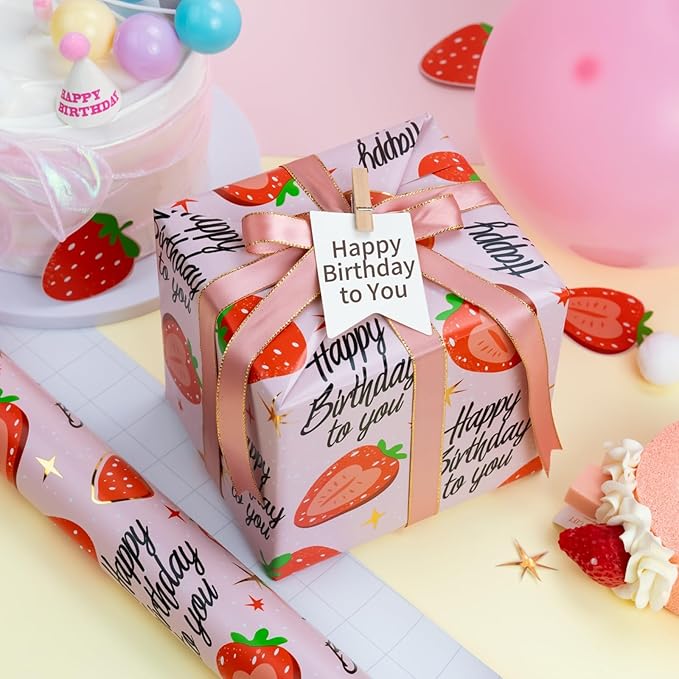Burymento Pink Strawberry Birthday Wrapping Paper Roll, Gold Leaf Star Design Gift Wrap for Birthday, Valentines, Mothers day, Graduation, Wedding, Fathers day, Baby Shower, Christmas (17 IN x 32.8 FT)