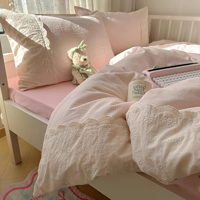 LifeTB Pink Gingham Comforter Set Twin XL Fluffy Soft Princess Style Girls Lace Bedding Set Vintage Plaid Checkered Comforter with 2 Pillowcases Farmhouse Gingham Bedding Grid Bed Comforter Set