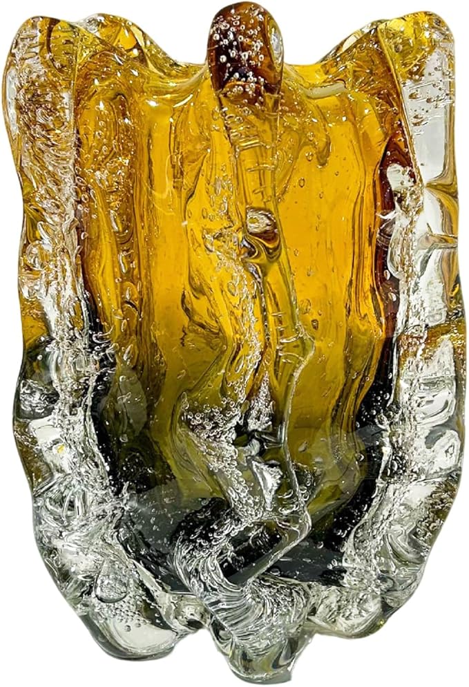 Blown Glass Bubble with Ruffled Edge Vase, Art Glass for Home Decor, Tall Vases for Centerpieces & Flowers, Crystal-Like for Bouquets & Pampas Grass, Vases Amber, Flower Bouquet Display (Yellow, S)