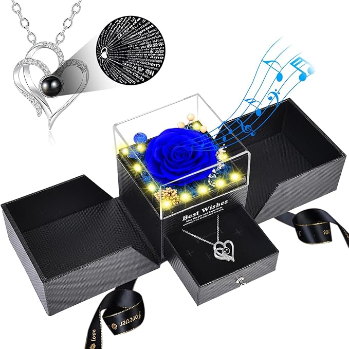 Christmas Birthday Gifts for Women - Preserved Real Rose with I Love You Heart 100-Language Necklace, LED Lights & Music Gift Box, Christmas for Women Girlfriend Mom