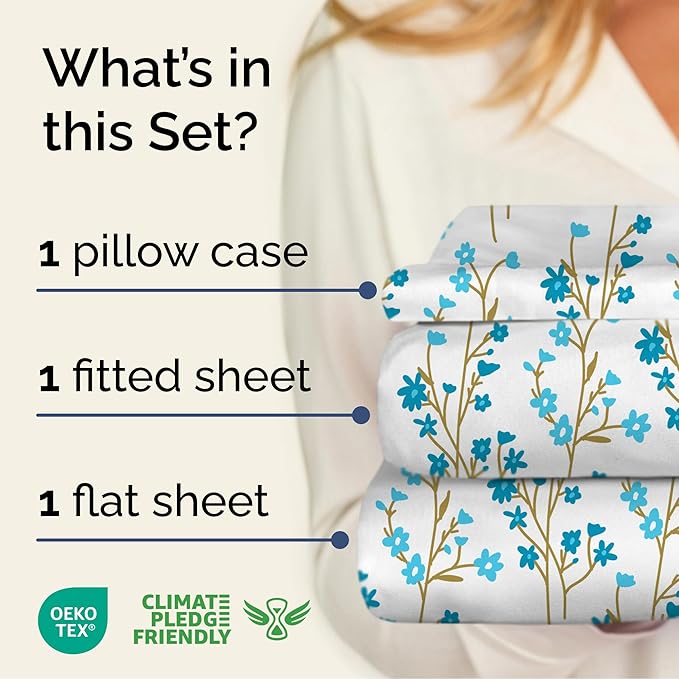 Floral Sheets - Blue Floral Bed Sheet Set - 1 Flat, 1 Fitted & 1 Pillowcase w/ Deep Pockets - Comfy, Wrinkle & Fade Free - Boho Botanical Bedding - Ultra-Soft, Breathable and Cooling - Twin Size Set