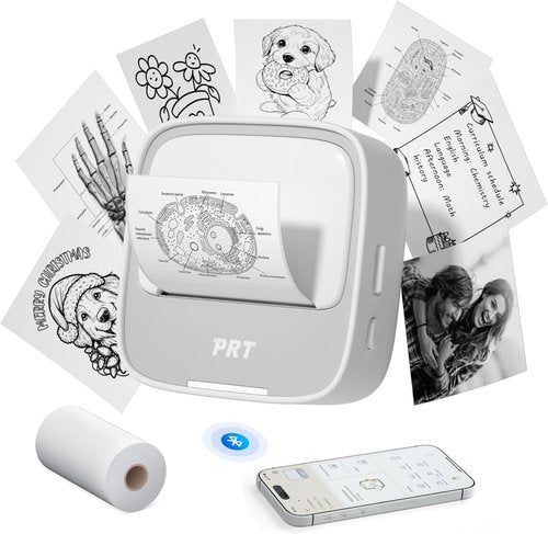 PRT Mini Thermal Sticker Printer - Bluetooth Portable Maker with 1 Roll Paper for DIY Labels & Notes
