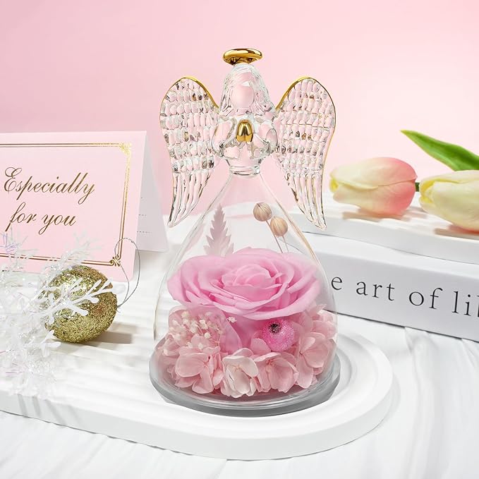Sunia Preserved Flower Rose Gift for Women - Mother's Day Birthday Gifts for Mom Wife Grandma, Glass Angel Figurines Forever Real Roses Gifts for Her Valentine Day Thanksgiving﻿ (Pink)