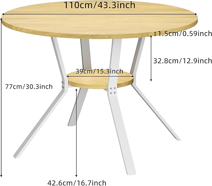 Wildhome Round Dining Table for 2-4, 43 Inch Dining Room Kitchen Table with 1-Tier Storage Shelf, Modern Farmhouse Dinner Furniture with Adjustable feet,Oval Circle(43in-Oak)