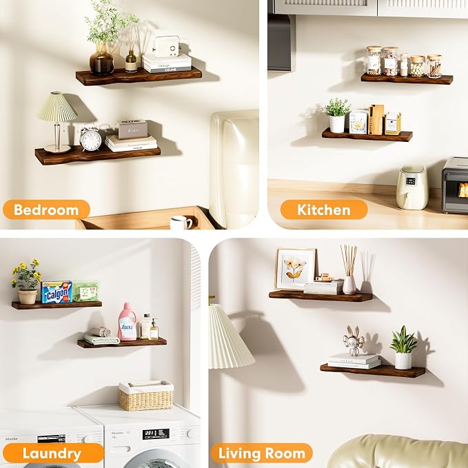 Solid Wood Live Edge Floating Shelves Set of 2 – 24" Rustic Wall Shelf with Hidden Bracket System, Wall Mounted Shelves for Bathroom, Kitchen, Living Room, Bedroom (Walnut)