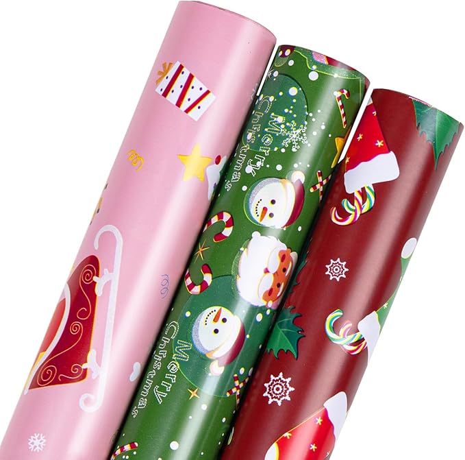 Christmas Wrapping Paper Roll-Pink/Red/Green Wrapping Paper- 3 Large Roll - 27 Inch X 6.5 Feet each roll Design for Holiday, Party, Celebration (Christmas Pink/Red/Green（007）)