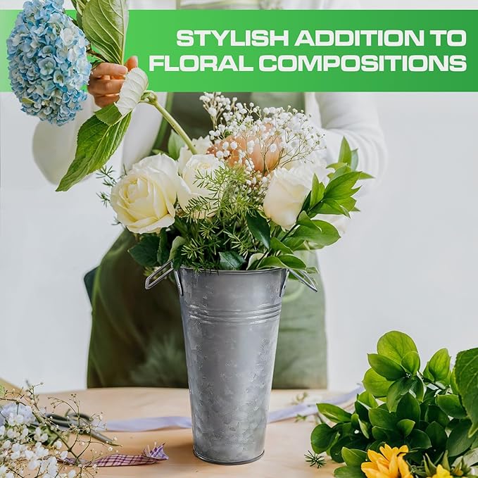 Plexon 9" Tall Galvanized Metal Vase for Flowers, Metal Flower Container with Handles, Farmhouse French Tin Vases for Flowers Ideal for Sparkler Bucket Wedding Home Decor, Set of 6