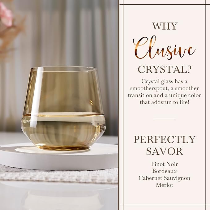 Amber Stemless Wine Glass Set of 6-14oz Wine Glasses, Stemless Drinking Glasses for Wine, Cocktails & Beverages - Elegant Glassware for Home, Bar & Holiday Use