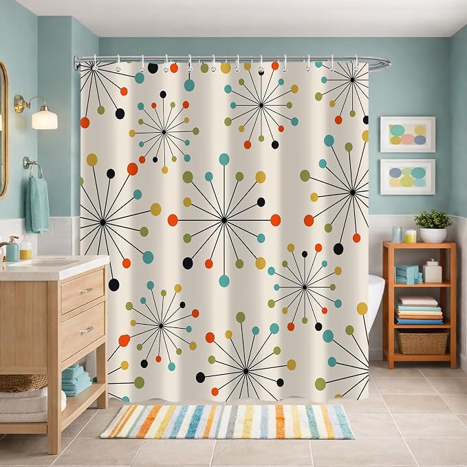 Vintage Mid Century Modern Geometric Shower Curtain，Retro Abstract 1950s 1960s Style Art Bathroom Decoration，Polyester Fabric Waterproof Bath Curtain 72x72 Inch with 12 Hooks