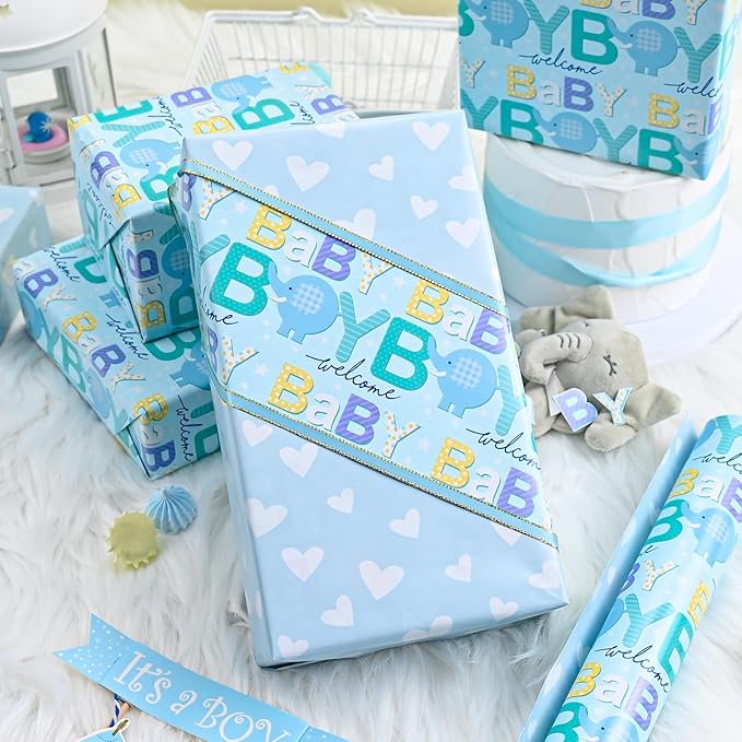 Burymento Reversible Baby Elephant Wrapping Paper Roll - Blue Wrapping Paper for Baby Shower, Boy's Birthday, Child - 17 "x 32.8 ft (47.23 sq ft)