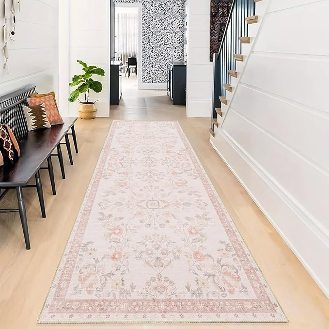 MUJOO Washable Runner Rug for Kitchen Hallways,2x6 Runner Rug Non Slip,Floral Carpet Runner for Bathroom Bedroom Laundry Floor,Long Mat Boho Indoor Vintage Low Pile Pink