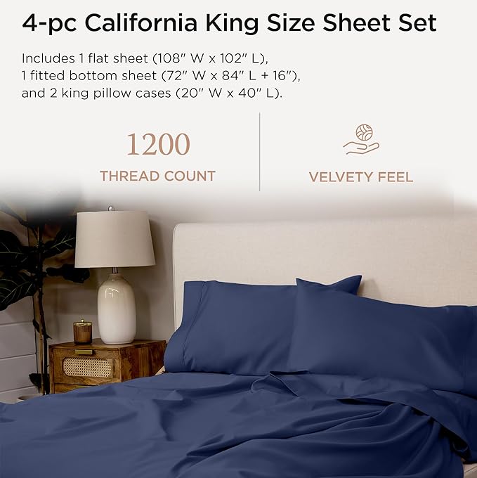 Threadmill California King Sheets, Certified American Supima Cotton Sheets, 1200 Thread Count Hotel Quality Sheet, 4 Piece Luxury Bed Sheet Set with Elasticized Extra Deep Pocket, Folkstone Blue