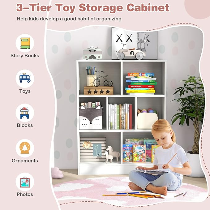 HONEY JOY Kids Toy Storage Organizer, 7-Section Wooden Floor Storage Cabinet, 41” Daycare Toy Chest, 3-Tier Kids Display Bookshelf for Classroom, Playroom & Nursery, Kindergarten (White)