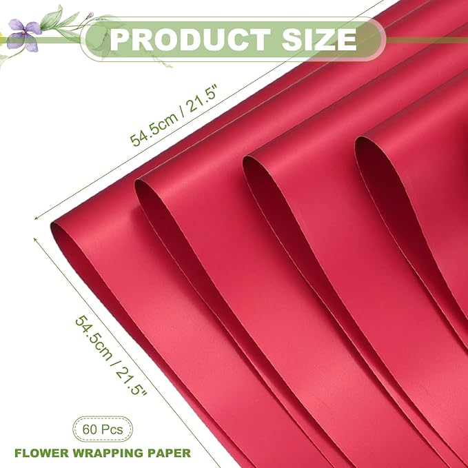 uxcell 60 Sheets Flower Wrapping Paper, 21.5" x 21.5" Waterproof Floral Bouquet Wrapping Papers Florist Supplies for Wedding Party Gift Packaging DIY Crafts, Red