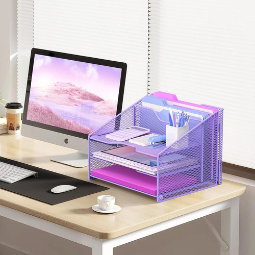 Samstar Desk File Organizer - Purple Mesh Letter Holder with 3 Trays & 2 Upright Sections for Office Supplies