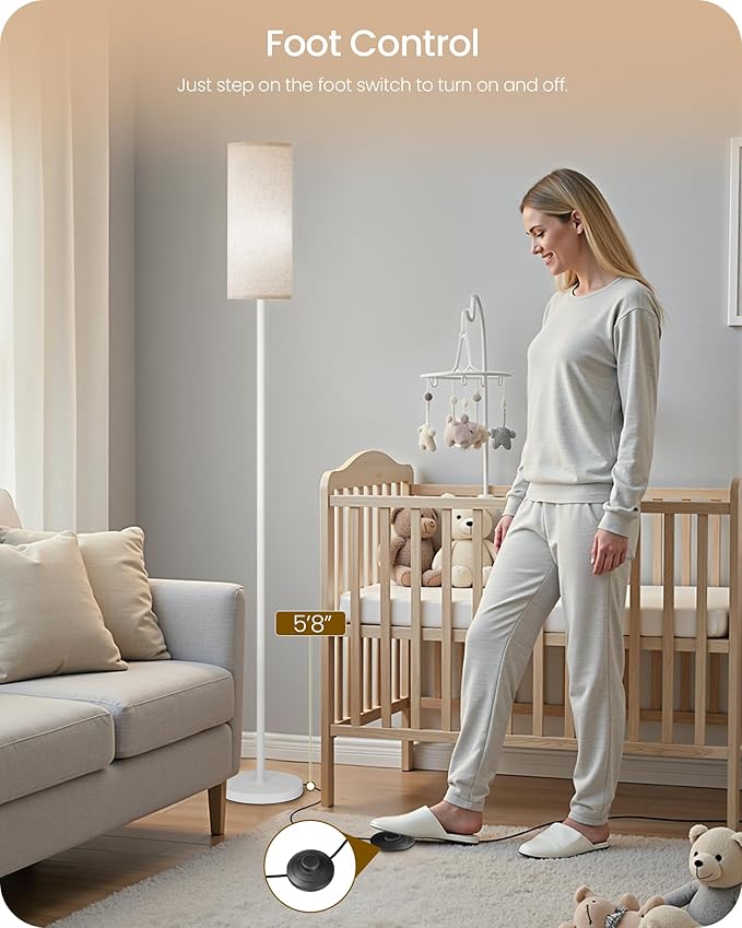 Dimmable Floor Lamps for Living Room with Remote and Foot Switch, 64.4” Modern Standing Tall Lamp, Corner Lamp for Bedroom, Office, Bulb Included, 3000K-6500K, Beige and White, FCC Listed WE06LD05W1