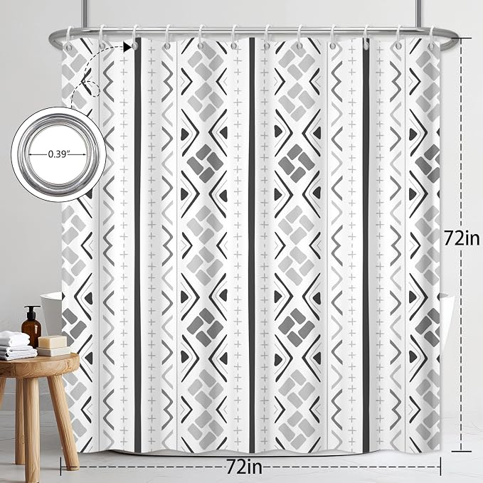 Boho Geometric Grey Shower Curtain, Modern Abstract Vertical Striped Shower Curtains for Bathroom with Hooks, Hotel Style Waterproof Fabric Shower Curtain Set, Weighted Hem, 72x72 Inches