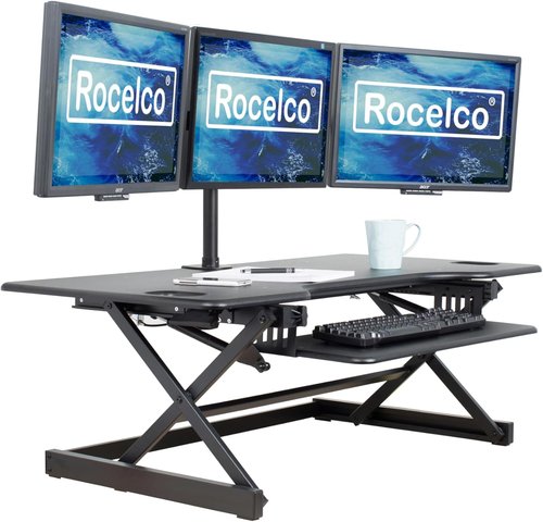 Rocelco 46" Large Height Adjustable Standing Desk Converter - Quick Sit-Stand Triple Monitor Riser | Black
