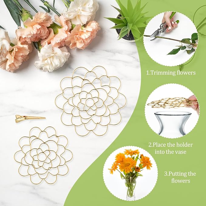 Flower Arrangement Holder Set 3Pcs - Stainless Steel Floral Grid Organizer - Wire Frog Insert for Vases Bouquets DIY Home Decor (Gold)