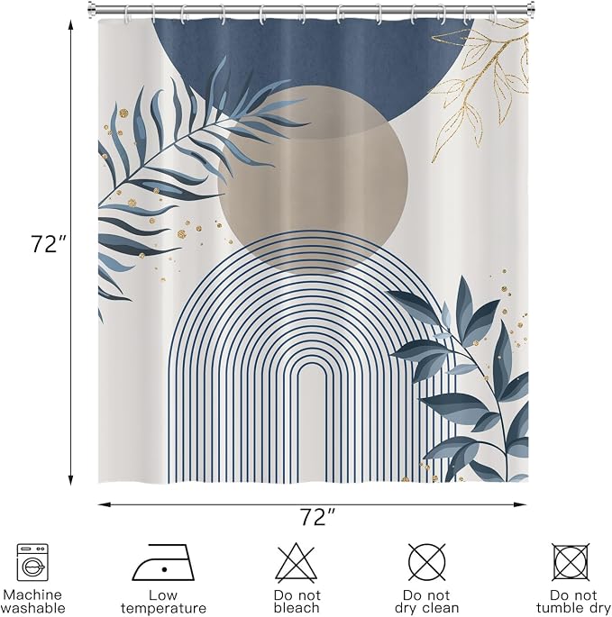 Boho Mid Century Shower Curtain, Navy Blue Modern Minimalist Abstract Geometric Gold Plant Leaves Sun Arch Bathroom Curtains Waterproof Fabric Buthtub Curtain Set with Hooks 72" Wx72 L