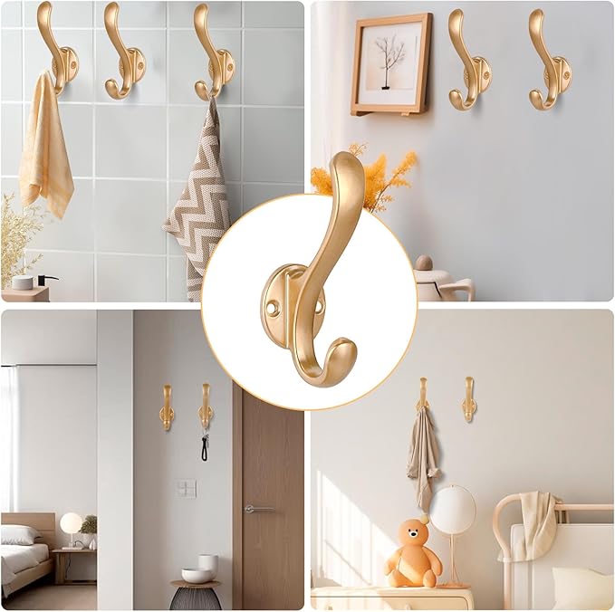 8 Pack Coat Hooks Wall Mount Heavy Duty Utility Retro Double Hooks for Hanging Coats,Hat, Towel, Key, Robe, Scarf, Bag, Cap (Gold)