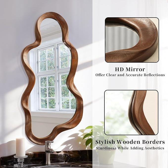 Asymmetrical Mirror Large Irregular Wall Mirror Modern Wood Frame Unique Artistic Mirrors Cute and Stylish Cloud Wavy Mirrors Decorative for Cloakroom Bedroom Living Room Bathroom Entryway 30"x14"