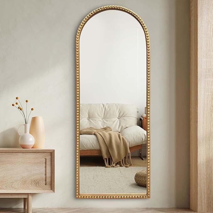 Gold Arched Full Length Mirror，Standing Floor Full Body Mirror with Beaded Frame Hanging or Leaning Wall 53"X20" Full Length Wall Mounted Mirror for Dressing Room Bedroom Entryway