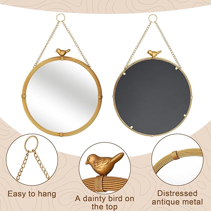Vercraft Vintage Gold Decorative Wall Mirror with Bird Accent, 20" Large Round Hanging Mirror with Chain, Antique Style Metal Frame Accent Mirrors for Entryway Bedroom Bathroom