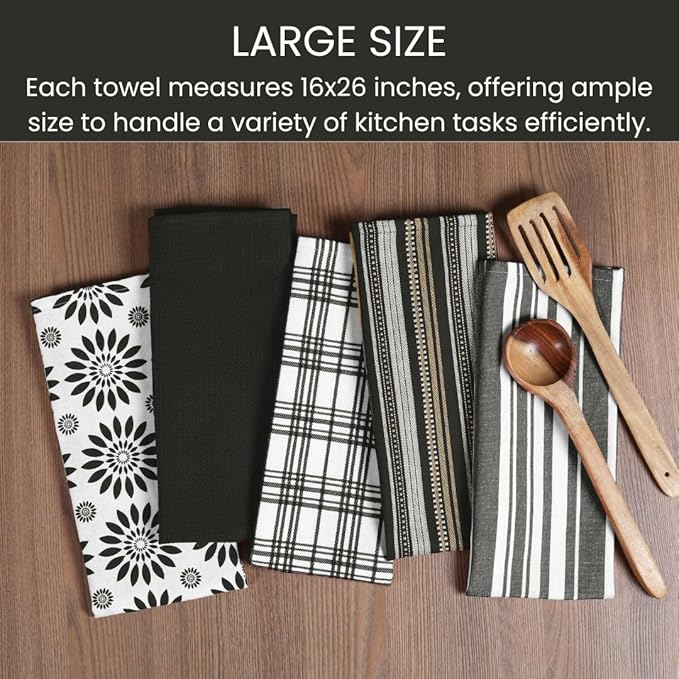 Assorted Kitchen Towels Large 16x26 inches 100% Cotton Set of 5 - Soft Absorbent Washable Tea Towel for Kitchen - Dish Cloths with Hanging Loop - Quick Drying Dish Towels Black