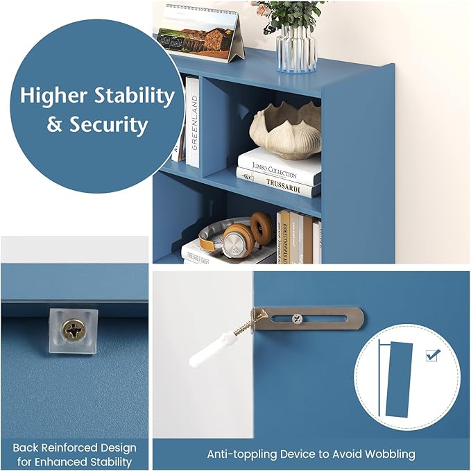 KOTEK Toy Storage Organizer, 5 Cubby Kids Bookshelf, Wooden 3-Tier Bookcase Storage Cabinet, Open Display Book Shelf for Daycare, Nursery, School Classroom, Living Room (Blue, 8 Cubes)