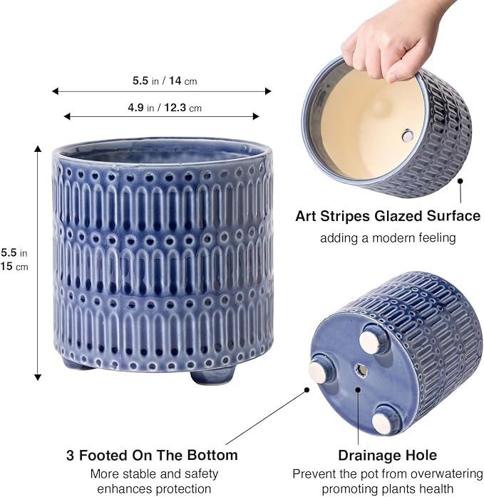 STHIE 5 Inch Ceramic Planters for Indoor Plants, Blue Cactus Snake Plant Pots with Drainage, Unique Design Round Flower Pot for Home Decoration