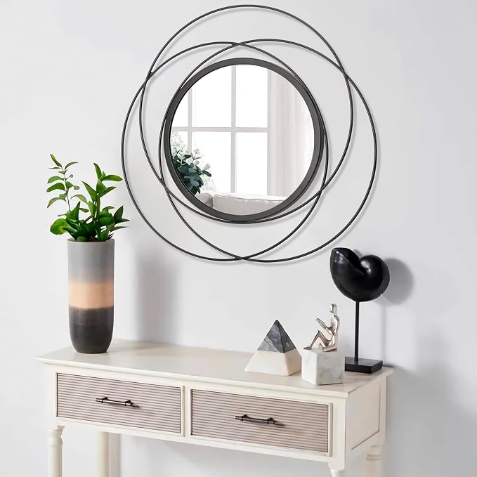 Round Decorative Wall Mirror, Black Metal Mirrors, Art Small Round Wall Home Mirror, Decor Living Room Bedroom Bathroom Entryway 20"