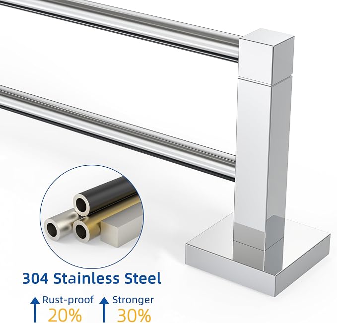 RUACQ Double Towel Bar, 24 Inch Towel Racks for Bathroom Wall Mounted, 304 Stainless Steel Bath Towel Rod with Square Base(Chrome)