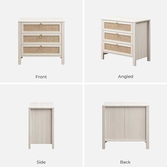 SICOTAS White Nightstand Set 2 with Drawers - Large Rattan Bedside Table with Golden Handle, 3 Drawers Night Stand Tall End Table 26.78" Wide Side Table Boho Nightstand for Bedroom