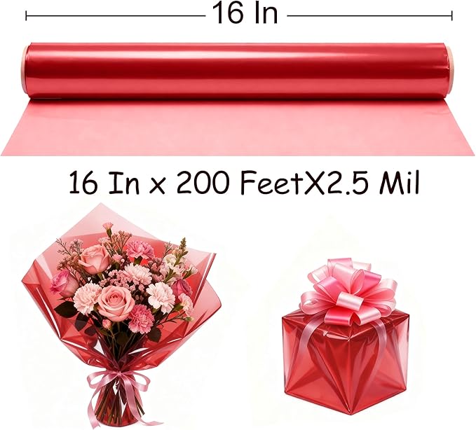 200 ft Red Cellophane Wrap Roll (16 In x 200 Feet) - 2.5 Mil Thick for Gift Baskets, Bouquets, Party Decorations